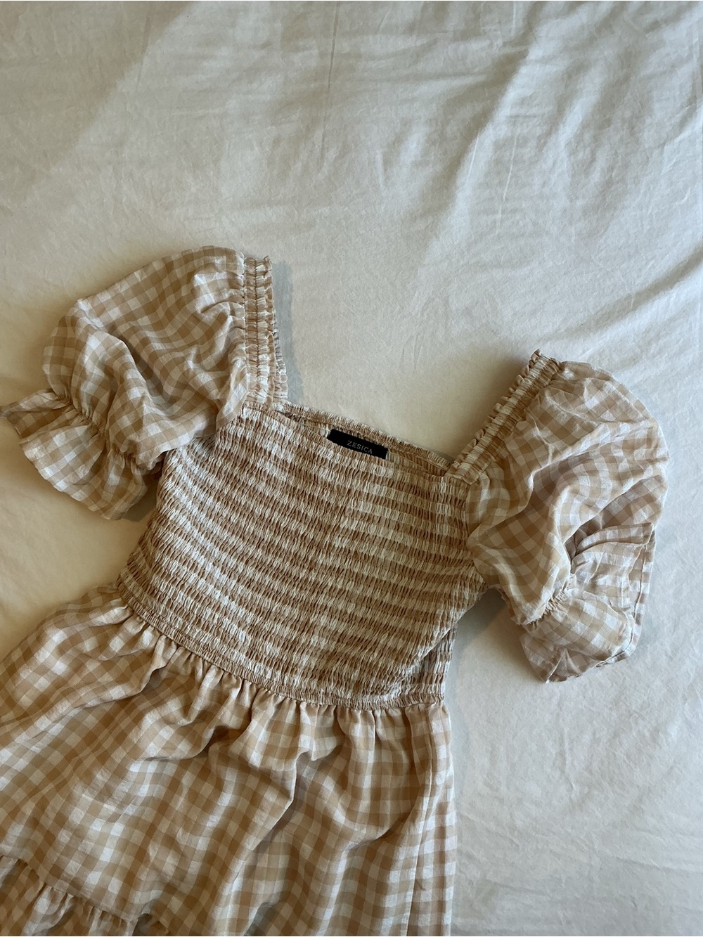 Smocked Gingham Puff-Sleeve Blouse Dress in Beige